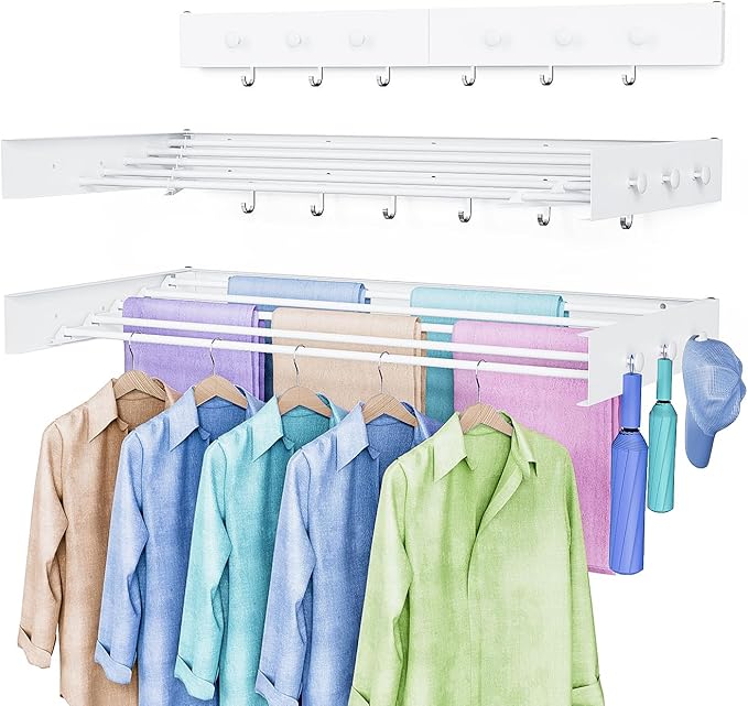 Drying Rack Clothing,Clothes Drying Rack Wall Mounted,Laundry Drying Rack Wall Mount,Foldable,Collapsible,60 lb Capacity 5 Aluminium Poles with 12 Hooks,Space Saving Clothes Drying Rack,White 40"