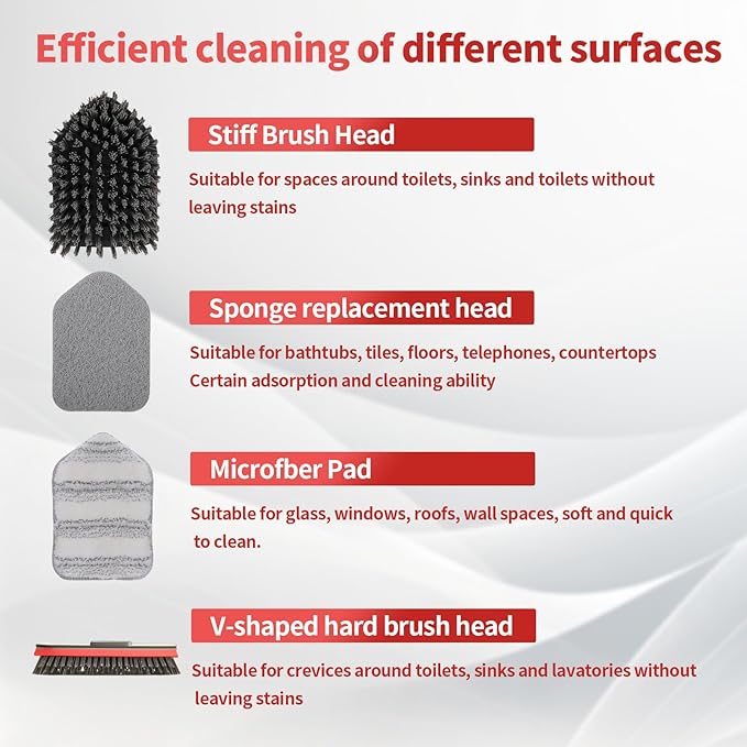 Tile Tub Scrubber Brush No Scratch with 4 Different Function Cleaning Heads and 51" Long Handle- Shower Scrubber for Cleaning Bathroom Kitchen Toilet Wall,Bathtub,Sink，Floors, Walls, mats, Ceilings