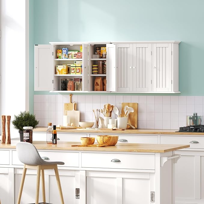 ChooChoo Bathroom Wall Cabinet with 3 Doors, Laundry Cabinet Wall Mounted, Medicine Cabinet with Adjustable Shelves, Hanging Kitchen Cupboard Organizer, White