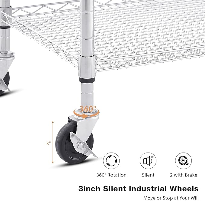 3 Tier Rolling Kitchen Cart with Wood Tabletop, Kitchen Island Carts with Wheels & Slider Shelf, Microwave Cart on Wheels, Coffee Cart with Hooks, 35.4" L*18.1" W*31.9" H，Wood+Chrome