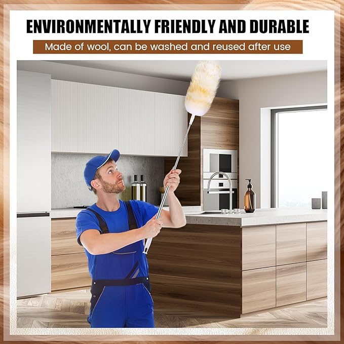 Remerry Extendable Lambswool Duster 30-96 Inch with Stainless Steel Handle Removable Head Multi-Surface Cleaning Tool for Ceiling Fan, Window, Roof, Wall, Furniture, Bookshelf, Home, Office
