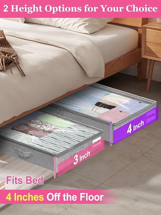 Low Profile Under Bed Storage, 3 Inches High Underbed Storage Containers Bins, NO STRUCTURE, Foldable Clothes Storage and Organizer with Lid & Zipper, Shallow Storage for Low Bed Couch Crib, 2-Pack