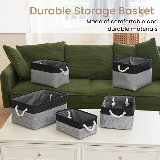 Storage Baskets for Shelves 11.8x7.9x5.2 Inch-Foldable Fabric Organizing Storage Bins with Handles, Closet & Bathroom Organizer, Home Storage for Kitchen, Office (6-Pack, Black&Gray)