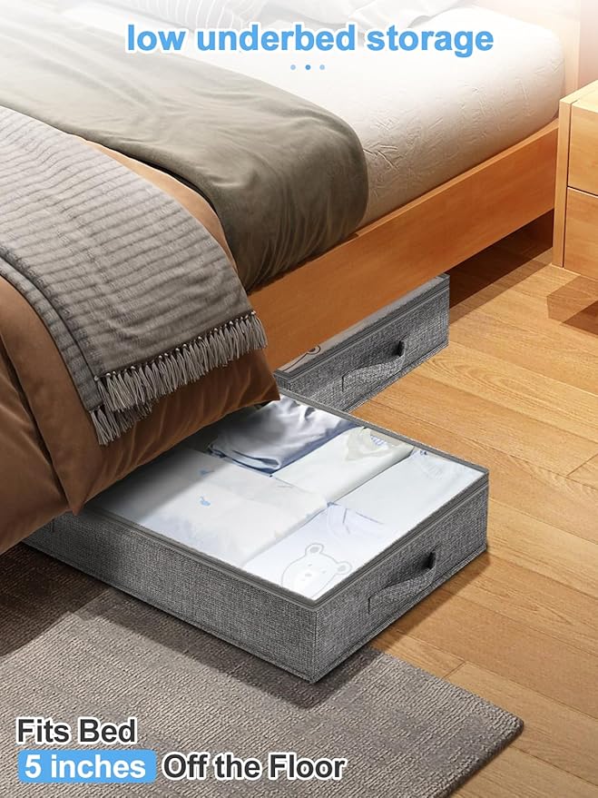 punemi 5 Inches High Low Profile Under Bed Storage Containers，No-Structure,Soft Fabric Zippered Underbed Storage bins for Clothes and Blankets— Fits Under Crib, Couch or Dorm bed,2-Pack,Grey