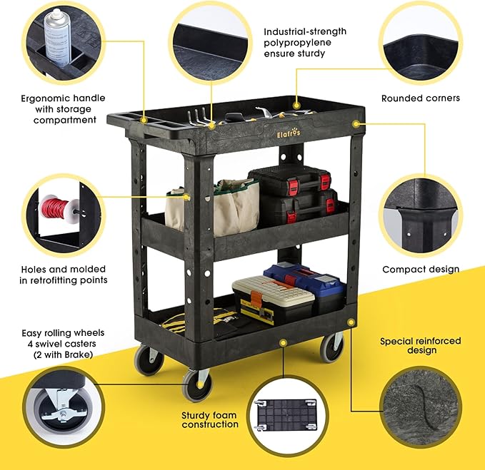 ELAFROS 3 Shelf Heavy Duty Utility Cart, 34" x 17" x 38.5", Rolling Work Cart with 4 Swivel Wheels, Deep Shelves, Safely Holds up to 550 lbs 3-Tier Service Tool Cart, Black