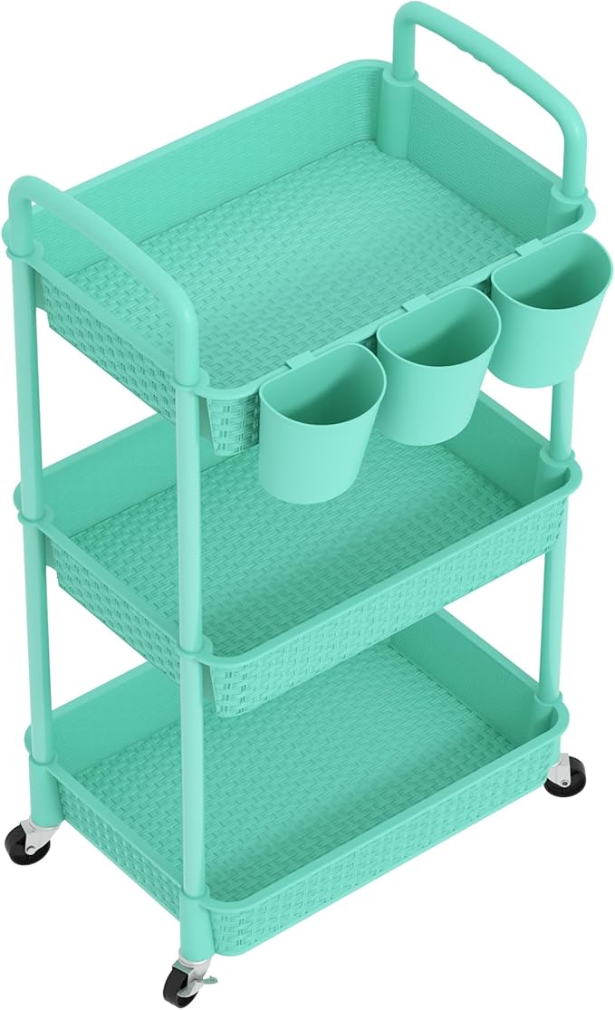 MOYIPIN 3-Tier Plastic Rolling Utility Cart with Handle,Utility Storage Cart for Office, Living Room, Kitchen,Movable Storage Organizer Shelves,Turquoise with 3 Hanging Cups