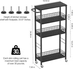 Slim Storage Cart 4 Tier Rolling Kitchen Cart Utility Serving Cart Laundry Room Narrow Cart with Handle Mobile Sheving Unit Organizer Wood Rolling Storage Cart for Bathroom Small Spaces, Modern Black