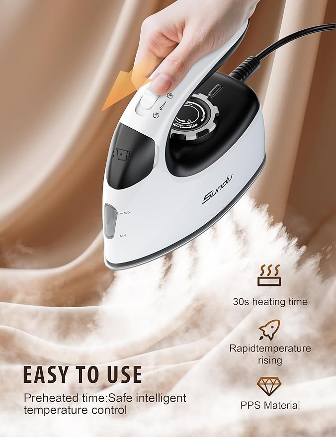 Sundu Small Iron for Clothes with Steam,Travel Iron Portable Non-Stick Soleplate Steamer for Quilting & Sewing,300 Microsteam Holes,90ml Water Tank,Lockable Safety Base