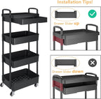 Calmootey 4-Tier Rolling Utility Cart with Drawer,Multifunctional Storage Organizer with Plastic Shelf & Metal Wheel,Storage Cart for Kitchen,Bathroom,Living Room,Office,Black