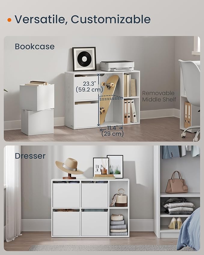 SONGMICS Home Bookshelf, Superfast Toolless Assembly, Cube Storage Organizer with 6 Compartments, Set of 2 Bookcase, 4 Fabric Drawers, Snow White UZH2507019