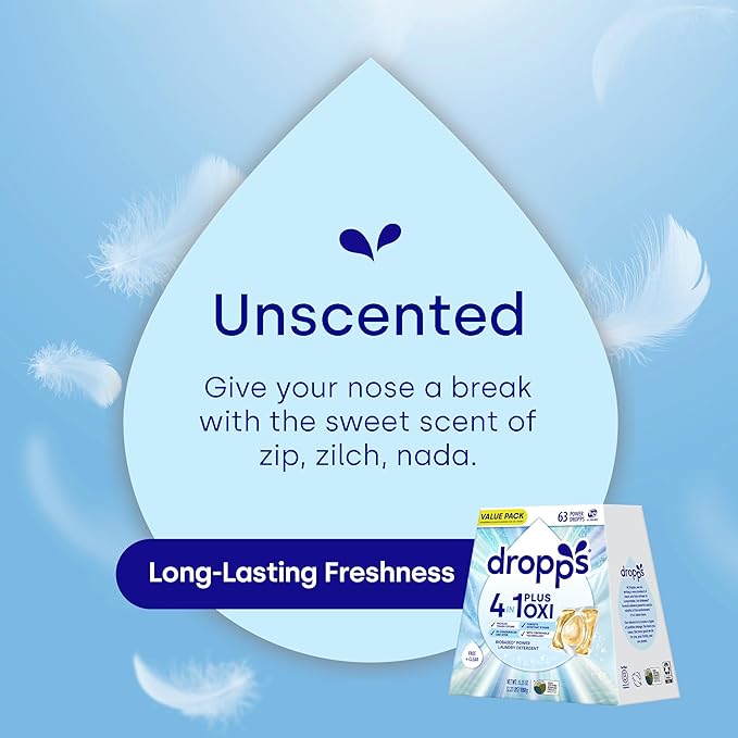Dropps 4-in-1 Plus Oxi Free & Clear Power Biobased Laundry Detergent Pods, Unscented (63 Pods) - Chlorine-Free Bleach Alternative Biobased Laundry Whitener, Stain & Odor Remover