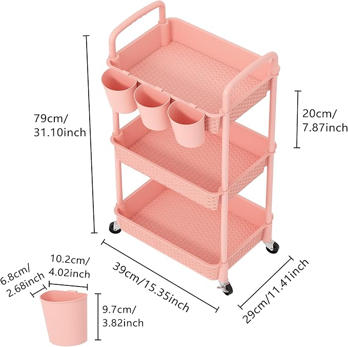 MOYIPIN 3-Tier Plastic Rolling Utility Cart with Handle,Utility Storage Cart for Office, Living Room, Kitchen,Movable Storage Organizer Shelves,Pink with 5 Hanging Cups