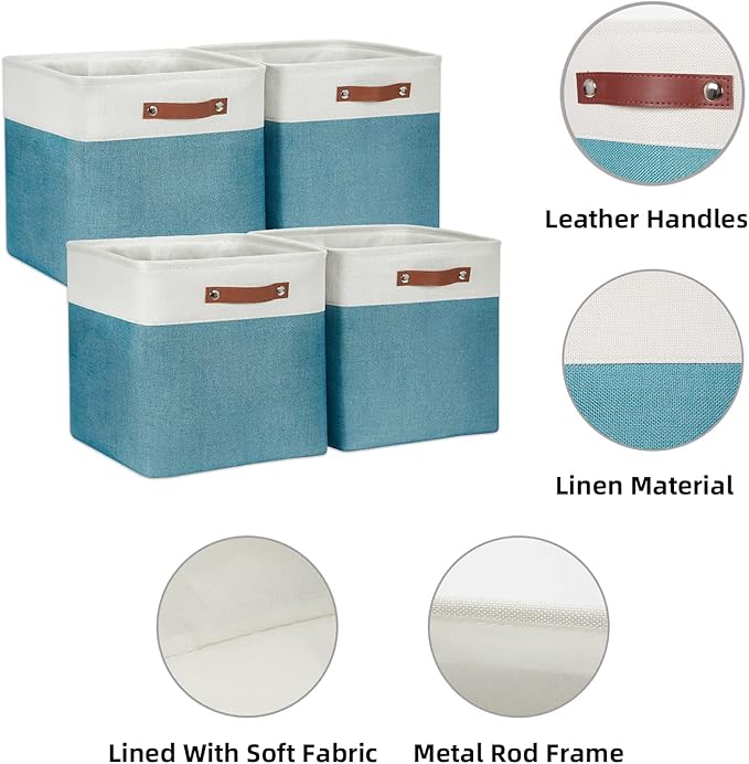 HNZIGE Fabric Storage Cubes Baskets,13 Inch Cube Storage Bins with Handles(4 Pack) Decorative Storage Baskets for Organizing Clothes, Toys, Closet, Nursery (Teal White)