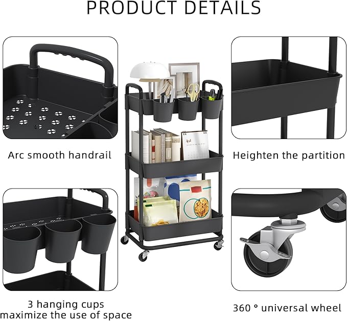 JIUYOTREE 3-Tier Plastic Rolling Storage Cart Utility Cart with Extra Hanging Cups Handles Lockable Wheels for Living Room Bathroom Kitchen Office Black