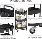 JIUYOTREE 3-Tier Plastic Rolling Storage Cart Utility Cart with Extra Hanging Cups Handles Lockable Wheels for Living Room Bathroom Kitchen Office Black