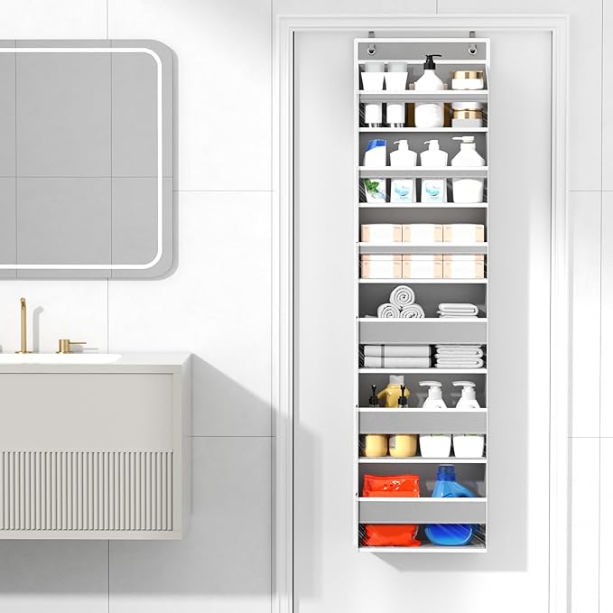 Over The Door Organizer, 6 Shelf Door Organizer Hanging with 6 Large Capacity Pockets, Over The Door Storage Hanging Shelves for Closet Wall Bathroom Closet Bedroom Nursery