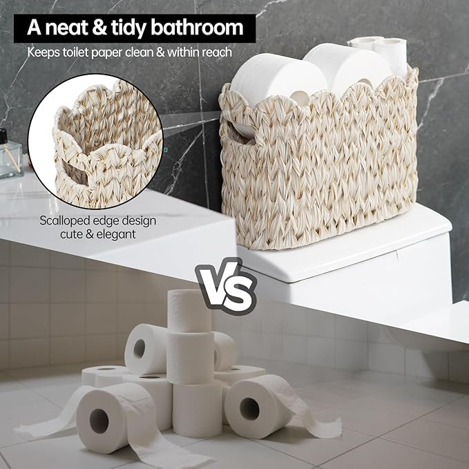 Toilet Paper Storage Basket,Boho Decorative Scalloped Baskets,Coastal Bathroom Decor,Hand-Woven Plastic Wicker Bathroom Accessories Organizer
