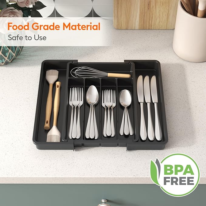 Lifewit Silverware Drawer Organizer, Expandable Utensil Tray for Kitchen, BPA Free Flatware and Cutlery Holder, Adjustable Plastic Storage for Spoons Forks Knives, 8.5"-14.1" x 12.1", Black