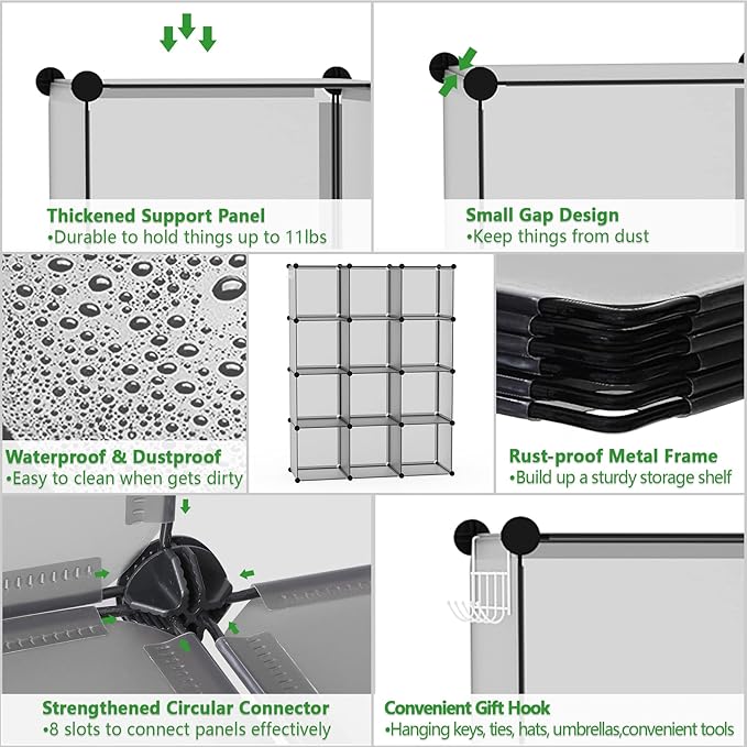 C&AHOME Cube Storage Organizer, 12-Cube Shelves Units, Closet Cabinet, DIY Plastic Modular Book Shelf, Ideal for Bedroom, Living Room, Office, 36.6" L x 12.4" W x 48.4" H Grey UPCS12G