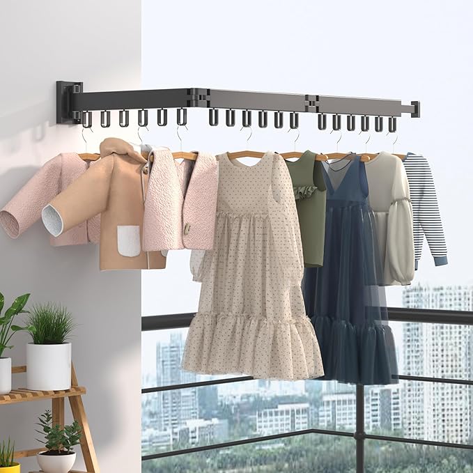 Clothes Drying Rack, Laundry Drying Rack Wall Mount for Bathroom, Retractable and Foldable Clothes Hanging Rack with U-Hooks for Laundry Room, Balcony, Closet, Bedroom(Tri-Fold), Black