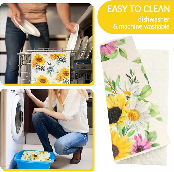 6 - Pack Swedish Kitchen Dish Cloths - Reusable Paper Towels for Counters & Dishes - Eco Friendly Cellulose Sponge Cloth - Assorted (Sunflower)