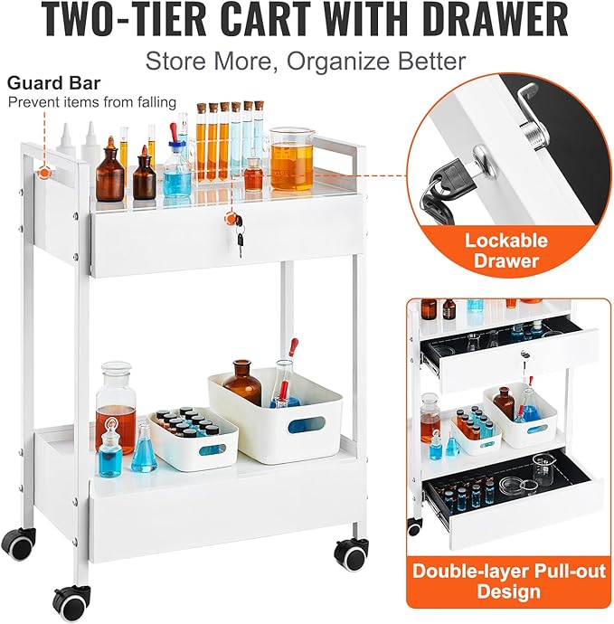 VEVOR Lab Cart, 2 Tiers Stainless Steel Utility Cart, Medical Cart with 2 Drawers, Rolling Lab Cart White Paint, Serving Cart with Swivel Casters for Laboratory, Hospital, Dental, Salon and Beauty