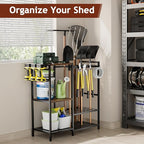 Garden Garage Tool Organizer - with 3-tier Shelves, Yard Tool Organizer for Garage with 4 Hooks, Heavy duty Steel Garden Tool Rack Holds up to 48 Long Handled Yard tools for Storage