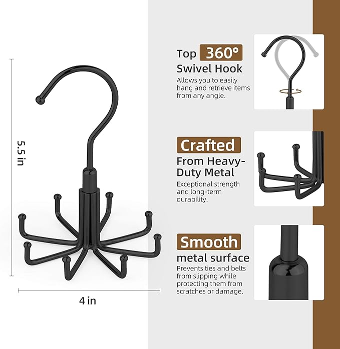 ZEDODIER Tie Hanger for Closet, 2 Pack Rotatable Tie Organizer for Men with 16 Hooks, Heavy Duty Space Saving Tie Rack for Ties and Belts, Black
