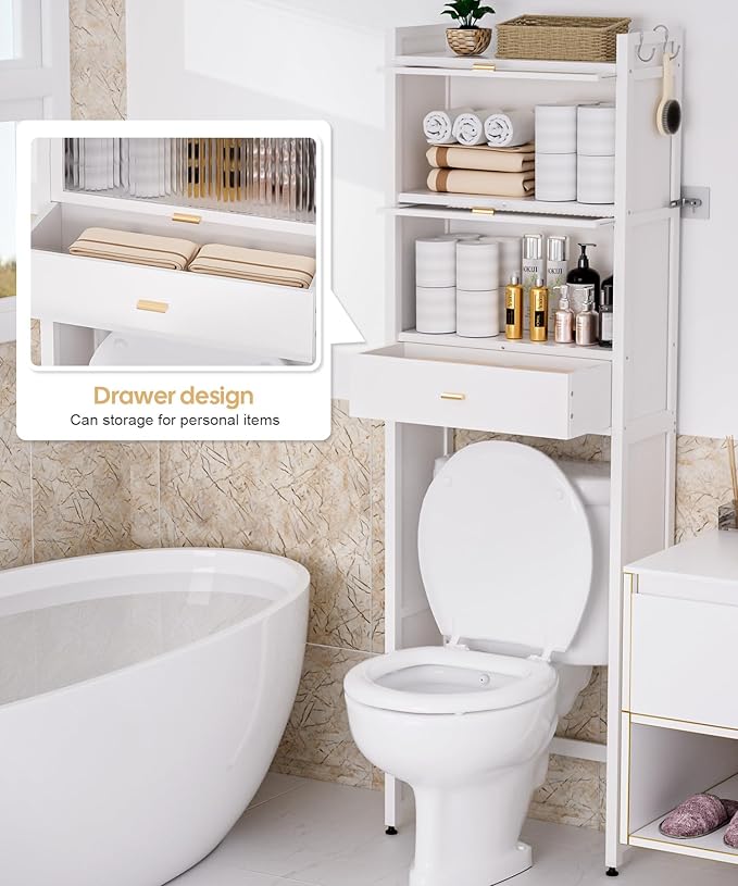 Over The Toilet Storage Cabinet with Drawer and Flip Door, Bamboo Bathroom Organizer Shelf with Anti-Tip Design and Waterproof Feet Pad,Freestanding Rack Above WC Space Saver (White)