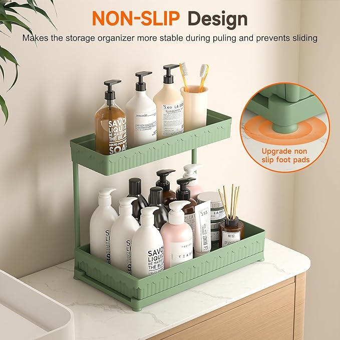 3 Pack Multi-Purpose Under Sink Organizers and Storage, 2025 L-Shaped Pull Out Cabinet Organizer for Bathroom & Kitchen, Under Cabinet Organizer with Hooks Hanging Cup, Green