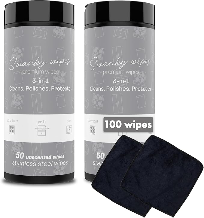 Swanky Stainless Steel Cleaner Wipes - Grime & Grease Remover Kitchen Cleaning Supplies - Clean & Shine, For Stove Top, Refrigerator, Sink, Oven, & Household Appliances - Canister, 100 Count