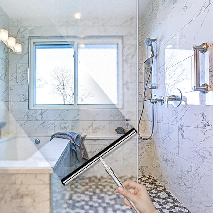 Shower Squeegee with Long Handle and Adhesive Hook. for Glass Doors, Tile Walls, Mirrors and Windows. Telescoping Squeegee for Cleaning. Bathroom Stainless Steel Squeegee, 10inch Wide, Chrome – 1pk