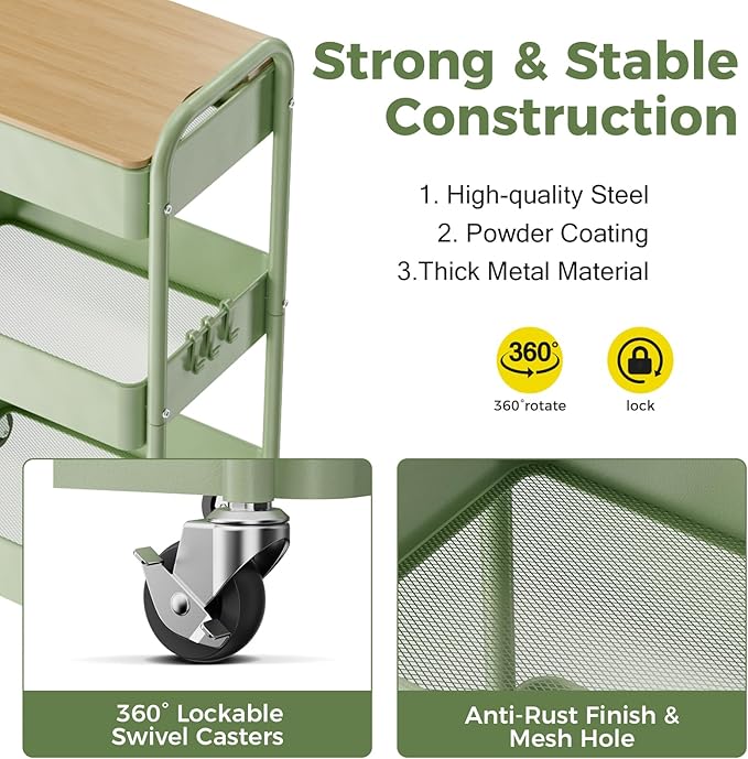 3 Tier Rolling Cart with Table top, Metal Rolling Utility Cart, Sturdy Storage Organizer Cart with Locking Wheels & Hooks for Office, Classroom, Kitchen and Bathroom