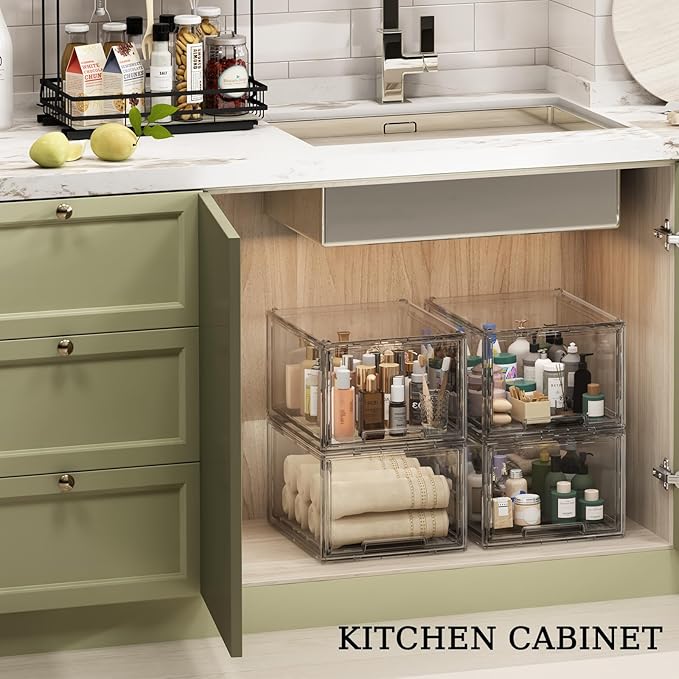 3 Pack Large Stackable Storage Drawers, Clear Plastic Drawer Organizer, Under Sink Cabinet Drawers, Pantry Organizers and Storage Drawer for Makeup, Bathroom, Kitchen, Office