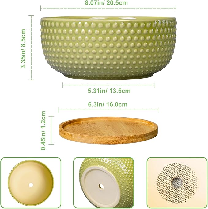 Bonsai Planter - 8 Inch Ceramic Succulent Pots with Drainage Hole and Saucer for Indoor Plants, Boho Shallow Round Planter Bowl, Desk Decor, Garden Lover Gifts, Green
