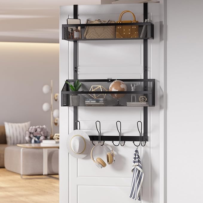 Over Door Hook Organizer 12 Hook Over The Door Organizer with 2 Mesh Baskets - Back of Door Storage Towel Rack Space Saving Storage Organizer for Bedroom, Bathroom, Kitchen, Pantry, Black
