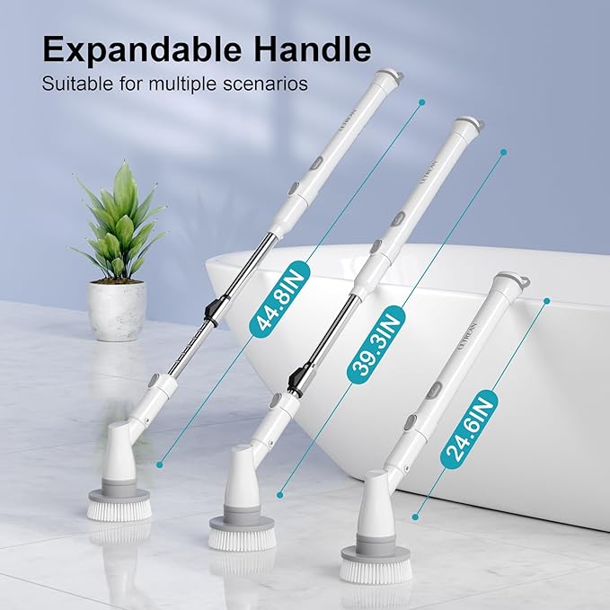 Ultrean Spin Brush, Cordless Electric Spin Scrubber with 4 Replaceable Brush Heads Adjustable Extension Handle, 2 Speed Shower Scrubber for Cleaning Bathroom, Tile, Floor, Tub