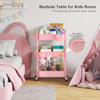 3 Tier Rolling Storage Cart Metal with Wheels, Pink Three Tiered Craft Cart Organizer on Wheels, Utility Carts for Baby Nursery, Diaper Caddy, Art, Book, Snack, Nail, Makeup, Bathroom Supplies, Mesh