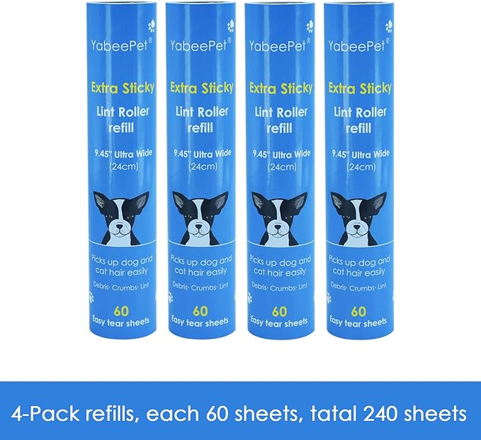 9.45" Large Lint Roller Refills, Suitable for Most 9.45in Giant Lint Rollers, Extra Sticky Rollers for Floor, Carpets, Couch, Clothing, and Pet Hair Cleaning, 4 Rolls 240 Sheets Total
