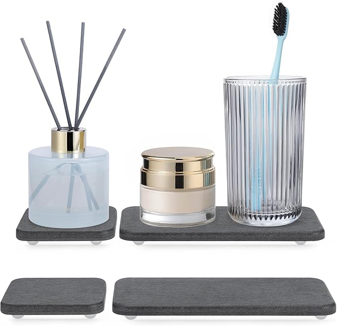 Water Absorbing Stone Tray for Sink | Quick Drying Diatomaceous Earth Coasters | Soap Dish Holder & Toothbrush Holder for Bathroom Counter | Hand Soap & Plant & Toiletries | Dark Grey 4-Pack