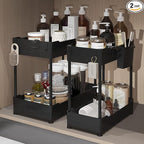 2 Pack Under Sink Organizer, Under Bathroom Cabinet Organizer with Hooks Hanging Cup, Multi-Purpose Storage Shelf for Kitchen Bathroom, Black