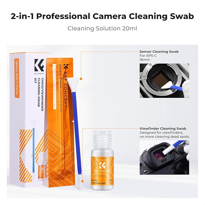 K&F Concept 2-1 16mm APS-C Sensor Cleaning Swab, Viewfinder Cleaning Swab, with 20ml Sensor Cleaner, DSLR SLR Digital Camera CMOS and CCD Sensor Cleaning Swab Kits for Nikon Sony Canon Camera Clean