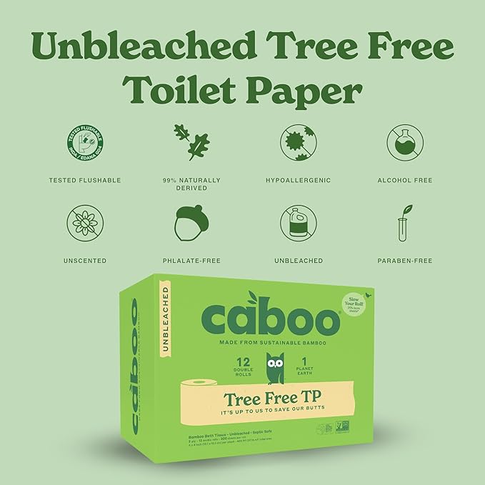 Caboo Tree Free Unbleached Toilet Paper | Plastic Free Packaging, Septic Safe, Eco Friendly, Chemical Free, Non Toxic | 2 Ply Toilet Tissue, Pack of 12 Double Rolls, 300 Sheets Per Roll