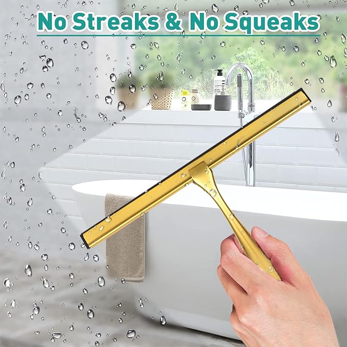 Shower Squeegee for Glass Doors,12-Inch Shower Glass Squeegee, Gold Shower Squeegee for Shower Doors,Mirror,Windows, with Shower Door Hook and Adhesive Hook