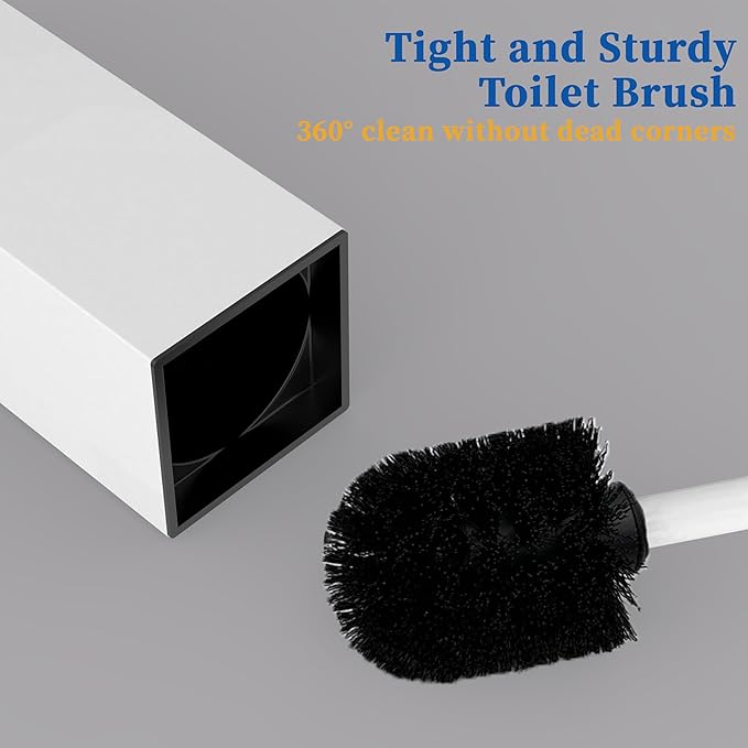 RUACQ Toilet Brush and Holder Set,Square Toilet Bowl Brush for Bathroom with 304 Stainless Steel Handle Toilet Cleaner Brush with Durable Scrubbing Bristles,Splash-Proof (White)