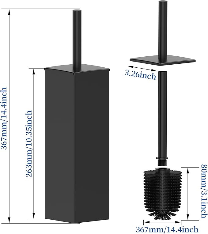 RUACQ Toilet Brush and Holder Set,Square Toilet Bowl Brush for Bathroom with 304 Stainless Steel Handle Toilet Cleaner Brush with Durable Scrubbing Bristles,Splash-Proof (Matte Black)