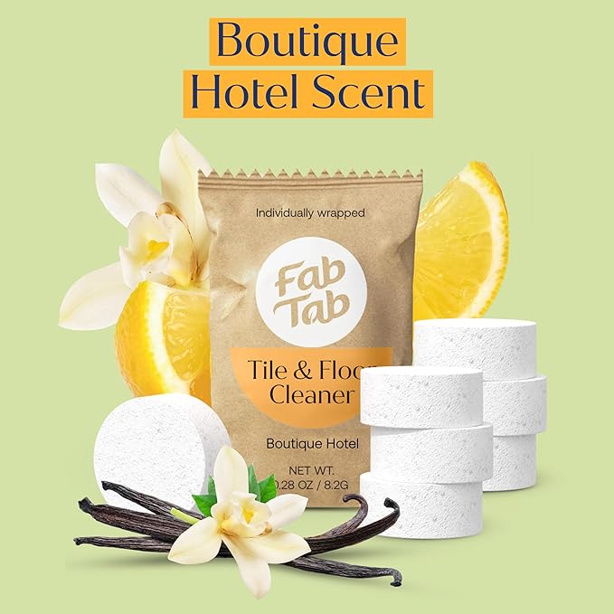 Fab Tab Hard Floor Cleaner Tablets - Pre-Measured Dissolvable Tablets for Hardwood, Tile and Vinyl Floors. Enzyme-Based Formula, Boutique Hotel Scent, Streak-Free Results