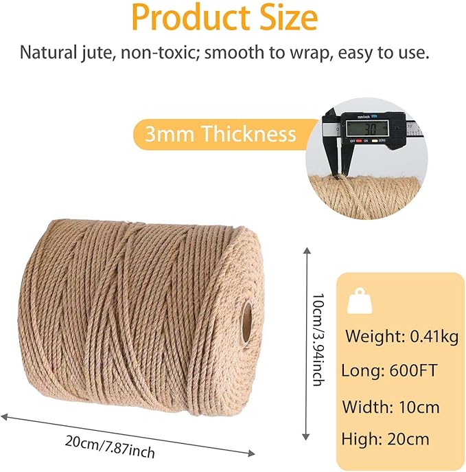 3mm 600 Feet Jute Twine Rope – Garden Twine Plant Twine for Climbing Plants, Hemp Jute Craft String, Macrame Cord, Decorative Rope for Crafts Home Decor