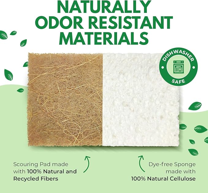 10 Pack Biodegradable Natural Kitchen Sponge - Compostable Cellulose and Coconut Walnut Scrubber Sponge - Eco Friendly Sponges for Dishes