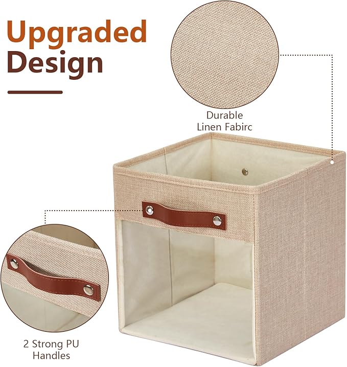 Storage Cube Organizer with Clear Window, Linen Collapsible Storage Boxes with PU Handles, Cube Storage Bins for Shelf, Closet, Cabinet, Bookcase (10.5x10.5x11, Khaki)